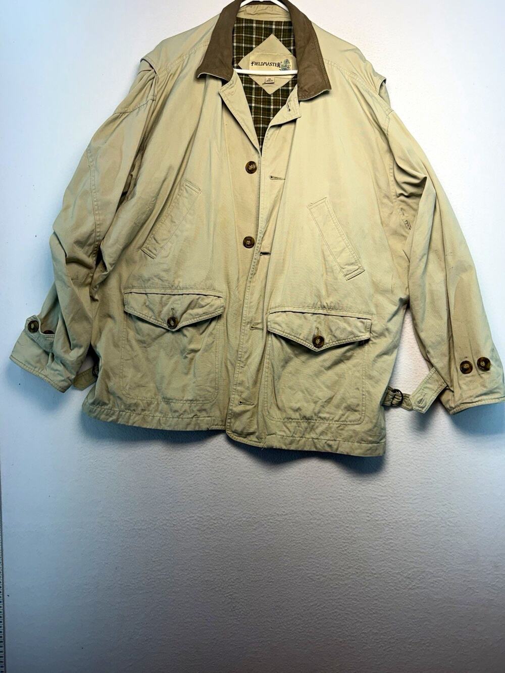 Fieldmaster Men XL Barn Field Jacket Plaid Lined Leather Collar Cotton hunting